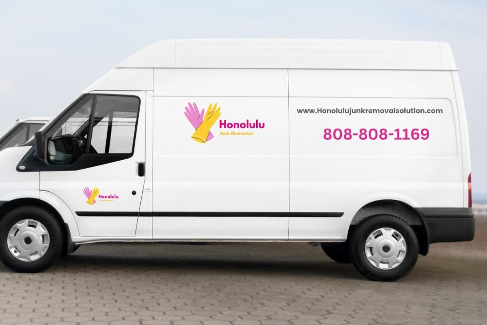 A white van with a pink logo, advertising a junk removal service based in Honolulu, HI.